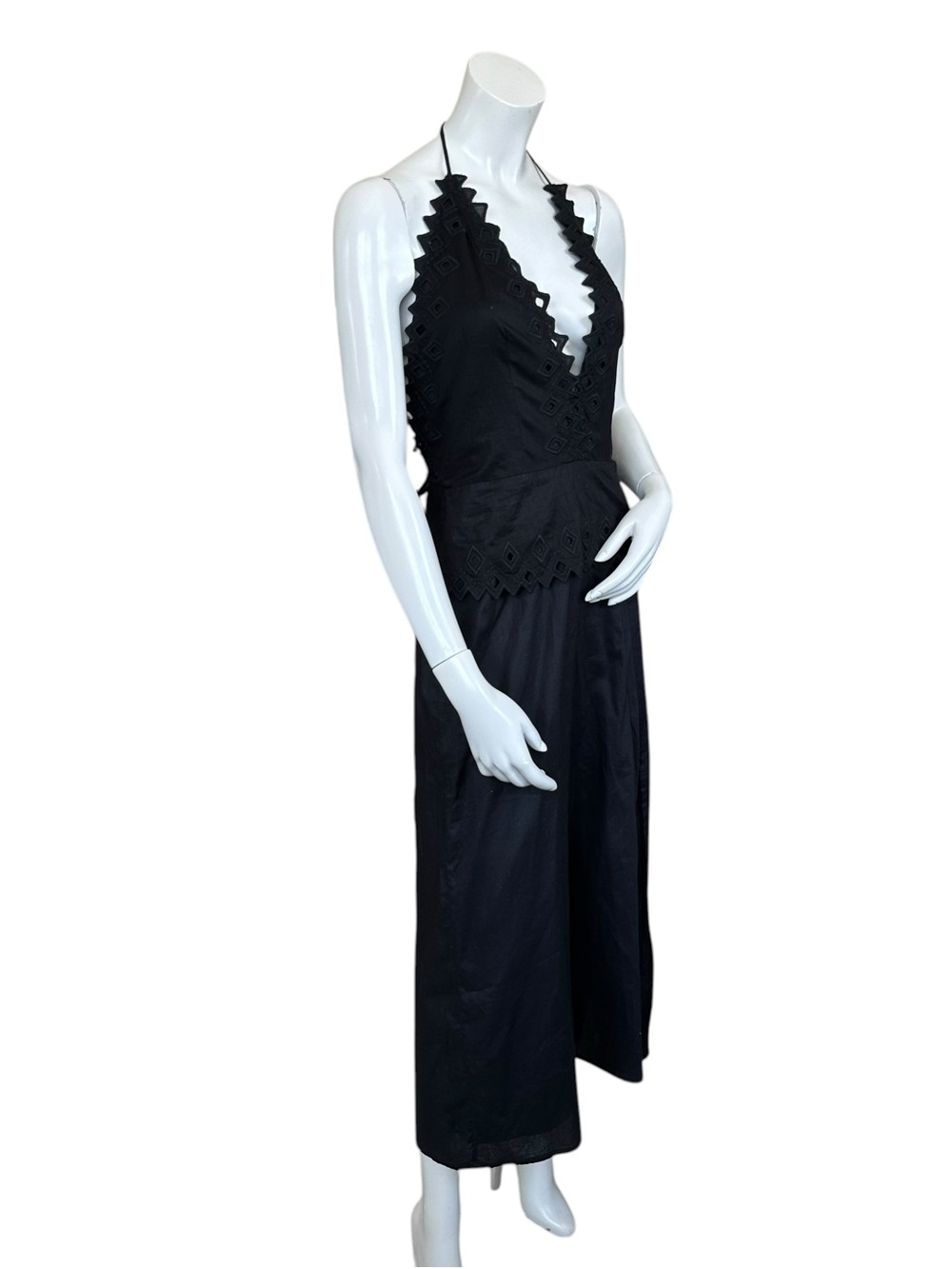 Vix “Tara” Black Plunge Neck Open Strappy Back Side Slit Cotton MIDI Dress Small - Picture 6 of 11